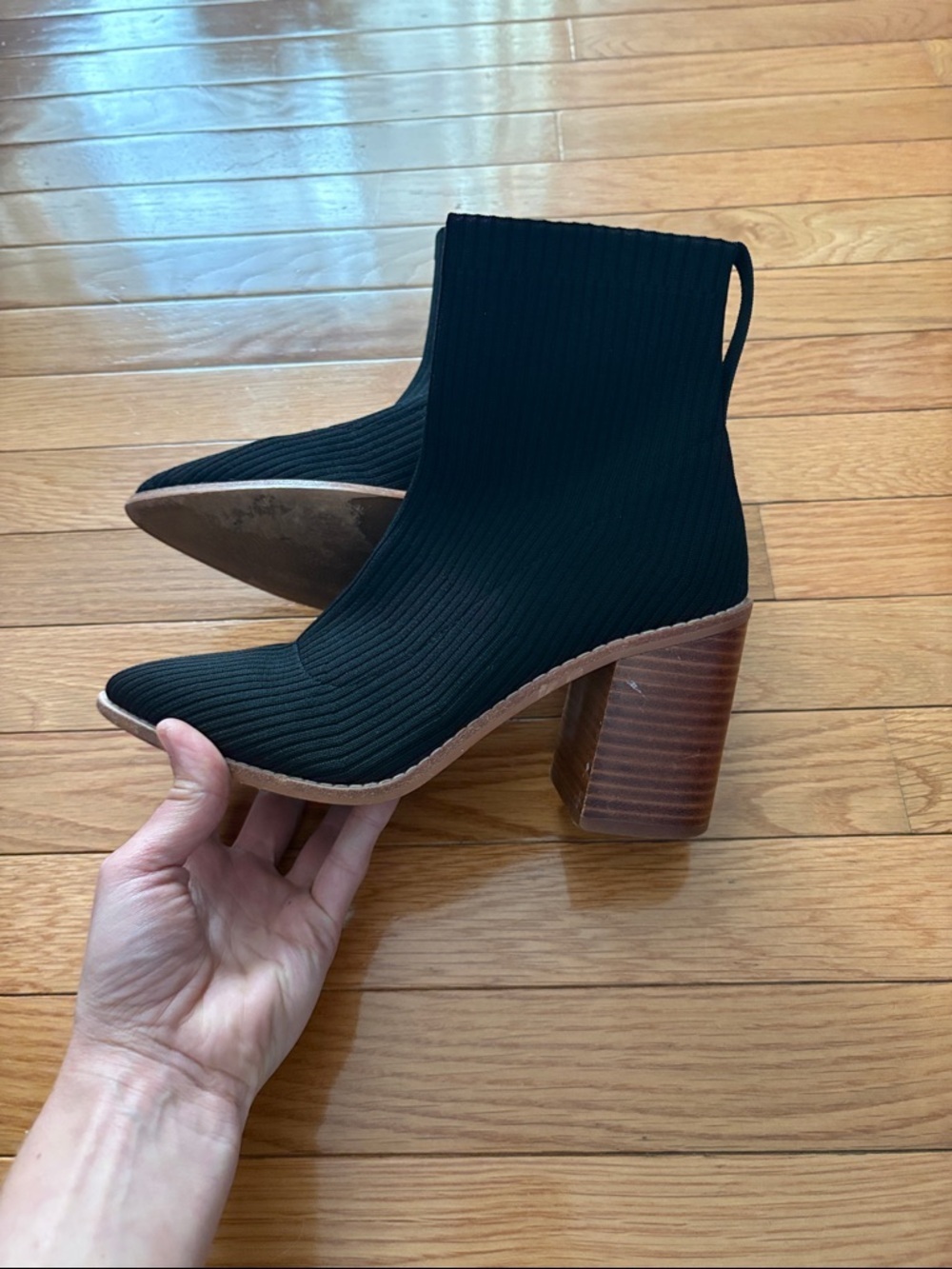 Steven By Steve Madden Black Knit Sock Ankle Boots with Brown Block Heel - Picture 10 of 10